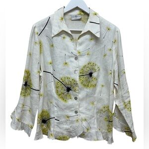 Robert Kitchen Women’s Sz L Linen Floral Blouse Button Up Shirt Dandelion Top